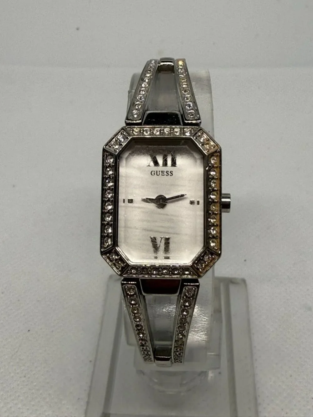 Guess Women's Silver-Tone Crystal Accented Rectangular Bracelet Watch